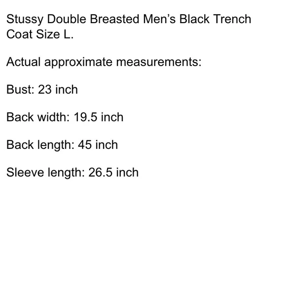 Stussy Double Breasted Men’s Black Trench Coat Size L